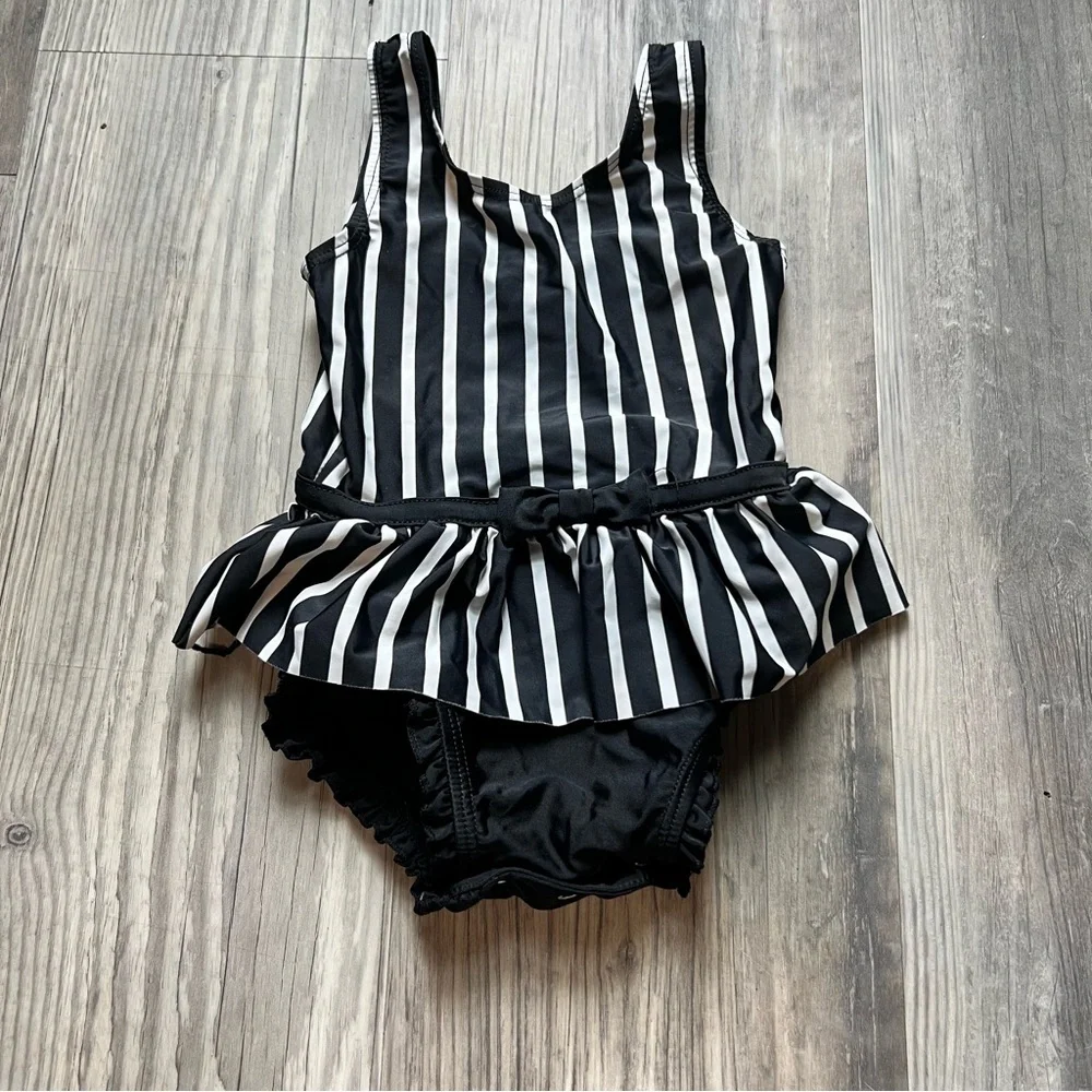 RuffleButts Black White Striped Skirted One Piece Swimsuit